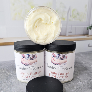 Three jars of Tender Tootsies Triple Butter Foot Scrub