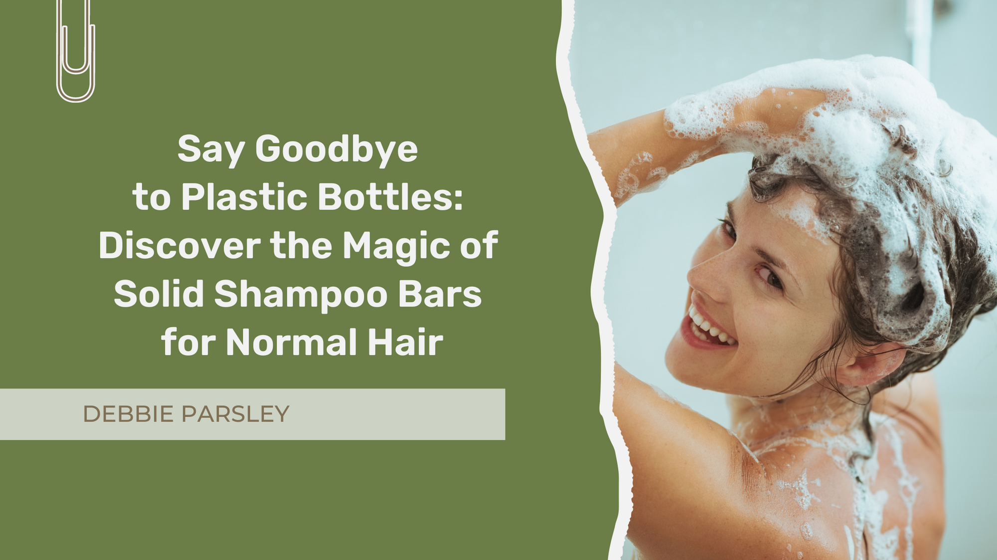 Photo of woman shampooing her hair with caption "Say Goodbye to Plastic Bottles: Discover the Magic of Solid Shampoo Bars for Normal Hair"