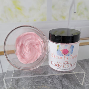 Jar of Serinity Rose scented Body Butter for deep hydration