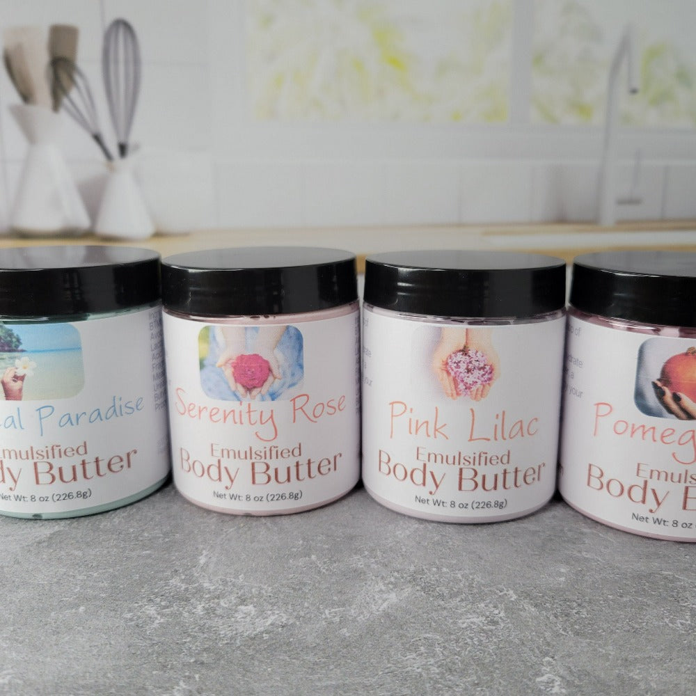 Four jars of Body Butter for deep hydration in different scents