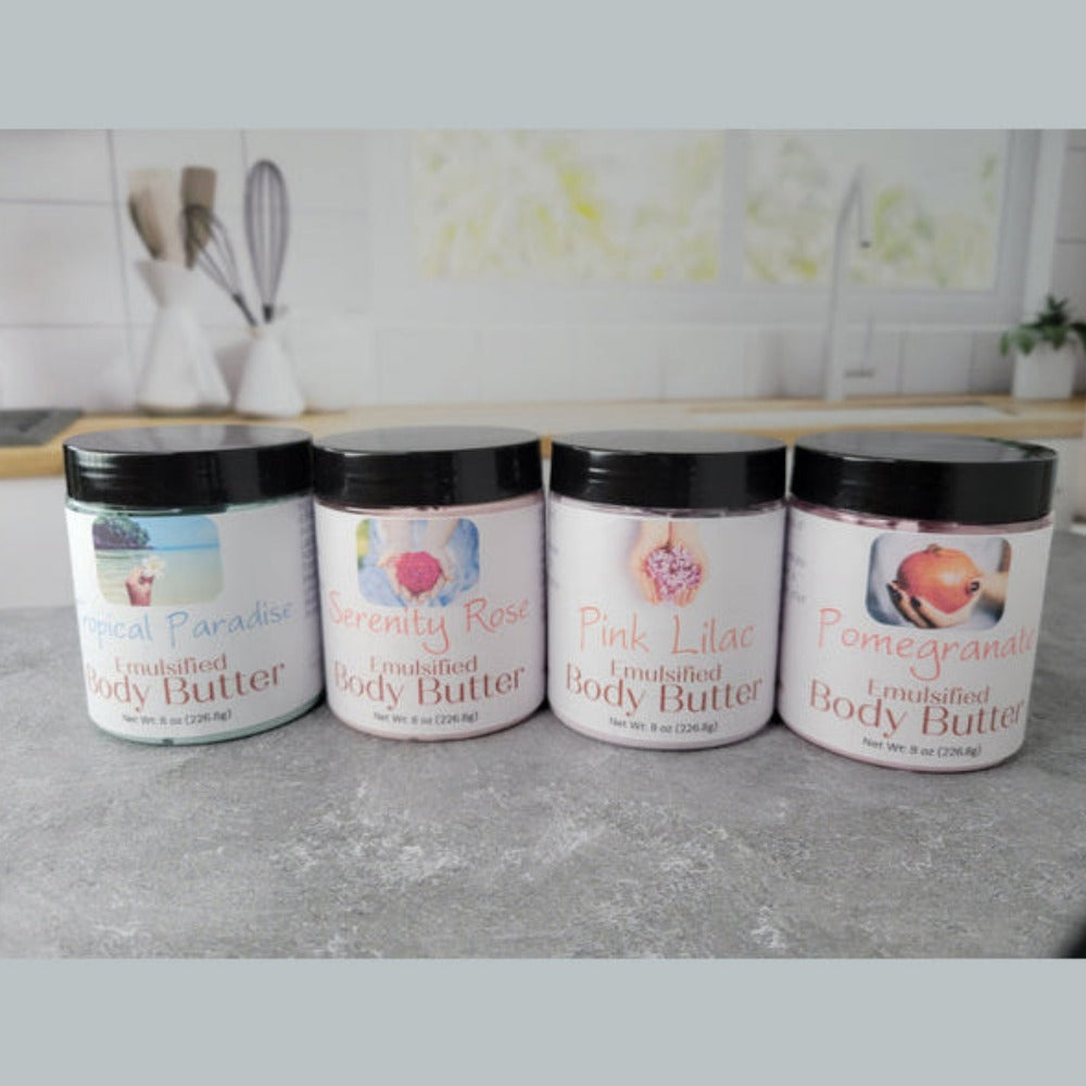 Four jars of Body Butter for deep hydration in different scents