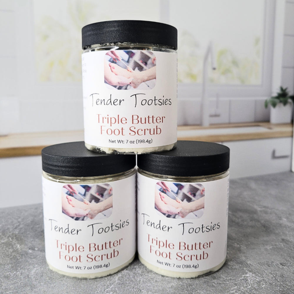 Three jars of Tender Tootsies Triple Butter Foot Scrub
