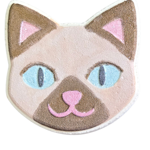 Kitty bath bomb painted with Siamese kitty colors, tan and brown points, with blue eyes 