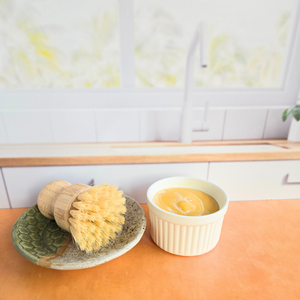 All Natural Dish Soap in ramekin with sisal brush