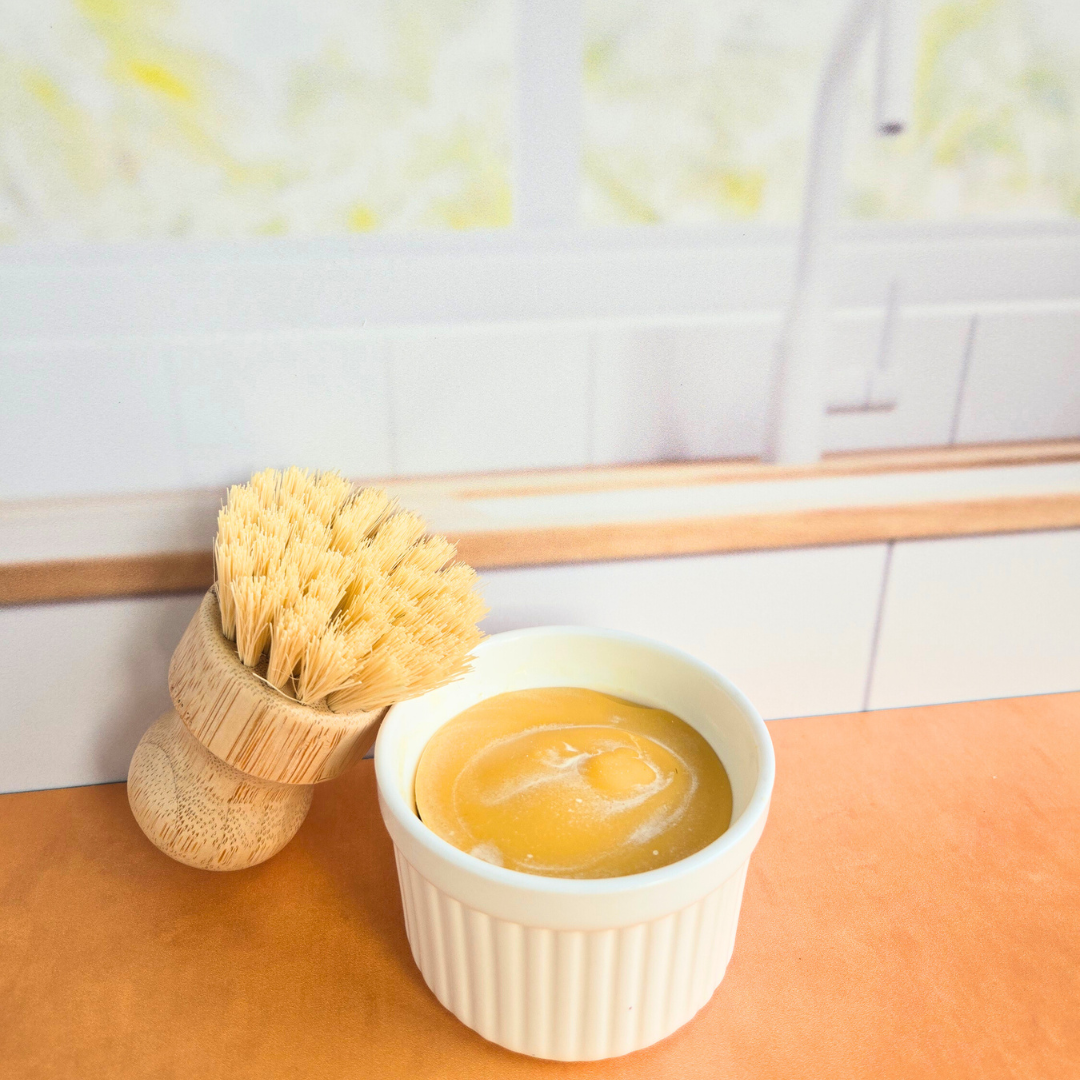 All Natural Dish Soap in ramekin with sisal brush