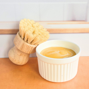 All Natural Dish Soap in ramekin with sisal brush