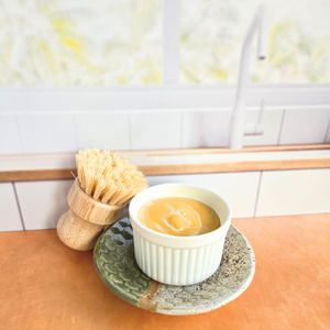 All Natural Dish Soap in ramekin with sisal brush