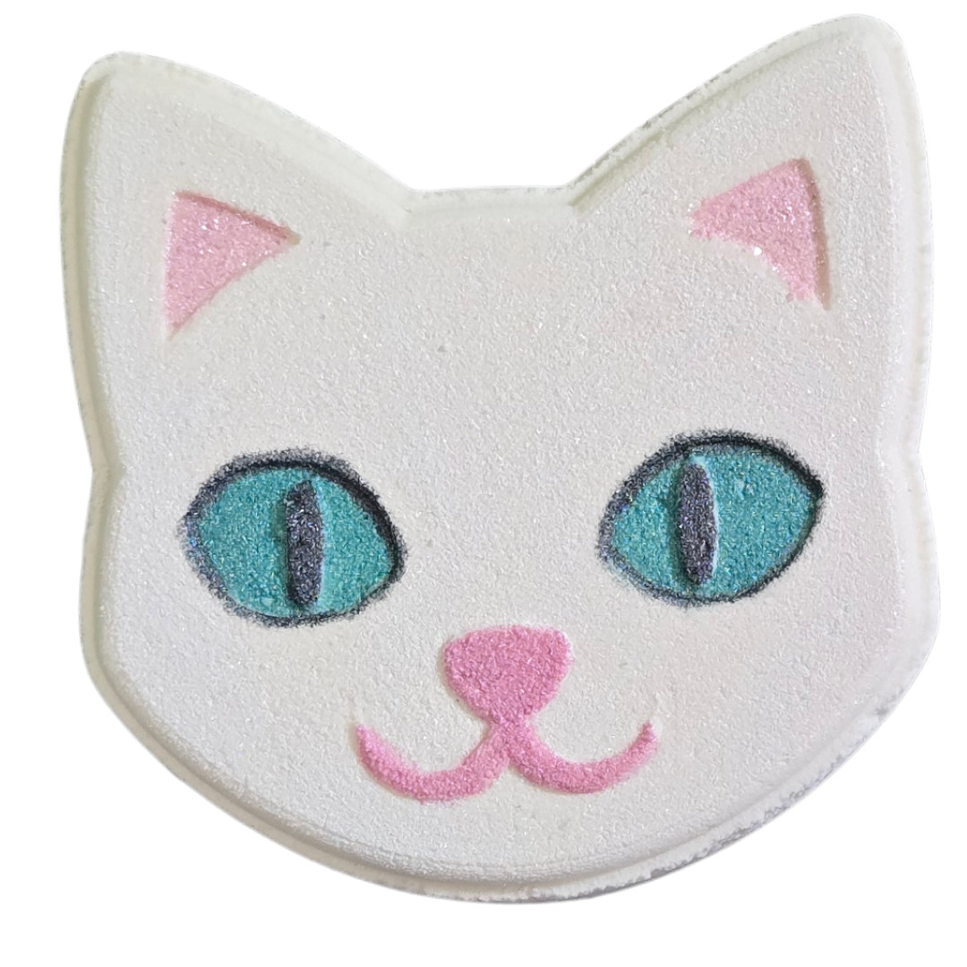 Kitty bath bomb painted with white kitty colors,white with blue eyes 