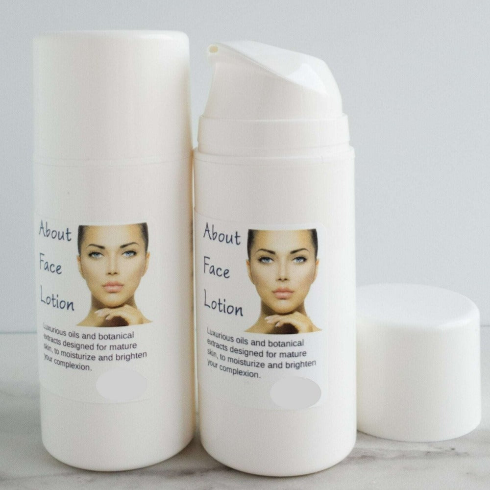 Two bottles of About Face Lotion for mature skin.